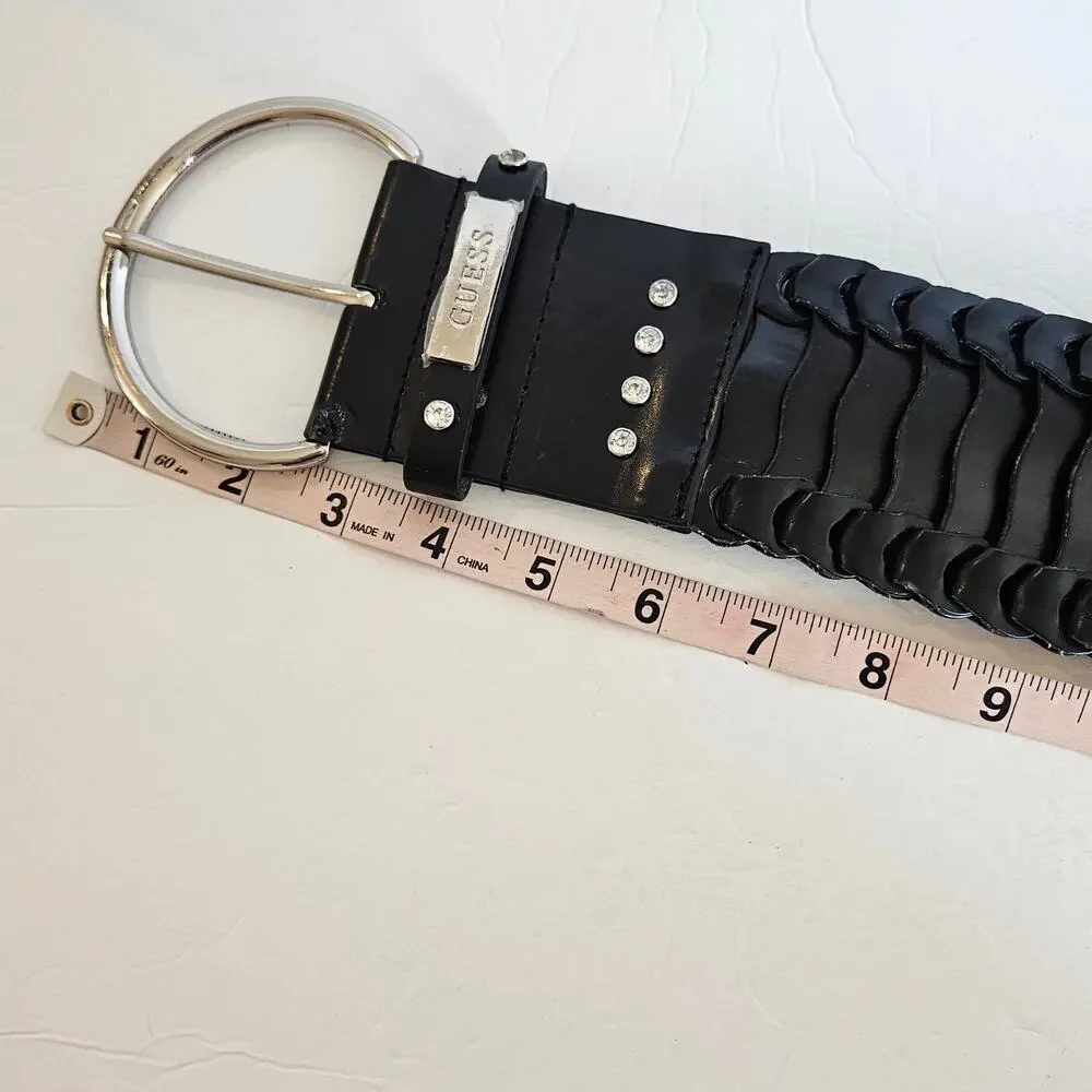 Guess Black Faux Leather Wide Belt Rhinestones Womens Medium Bold Goth Night Out